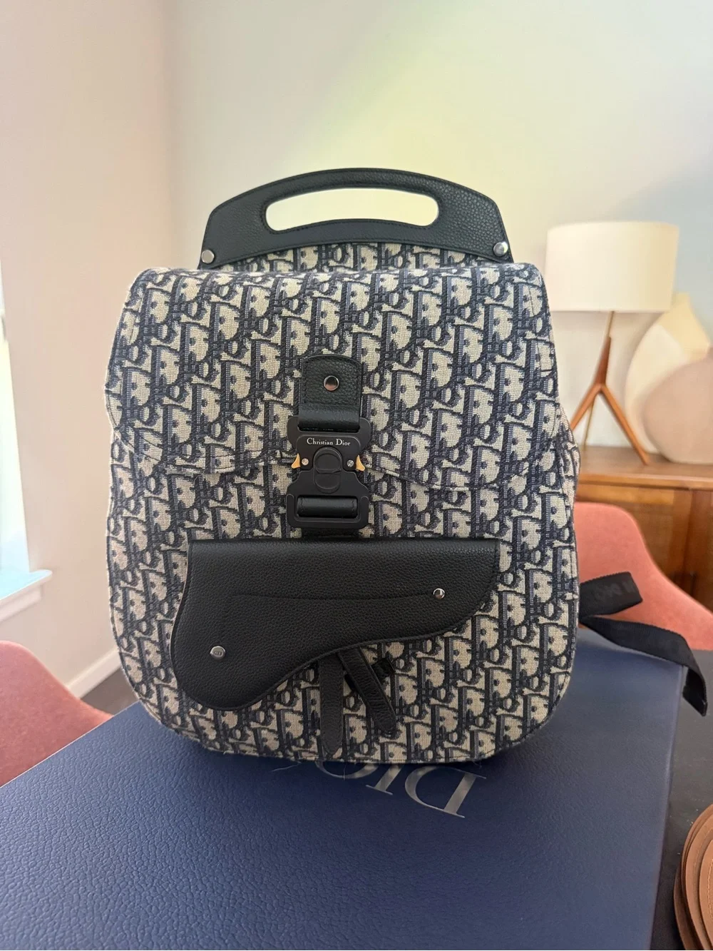 Dior Navy and White Oblique Monogram Backpack with Black Leather Trim